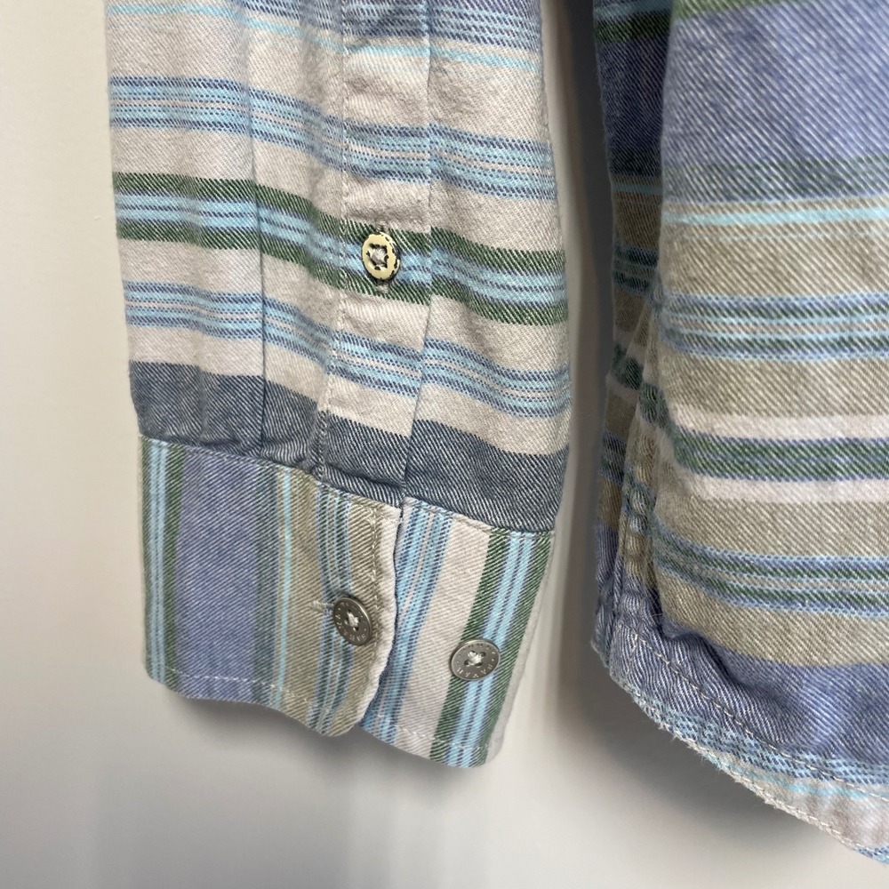 Tommy Bahama Size L Blue Green Striped Long Sleeve Cotton Flannel Twill Shirt - Picture 4 of 8